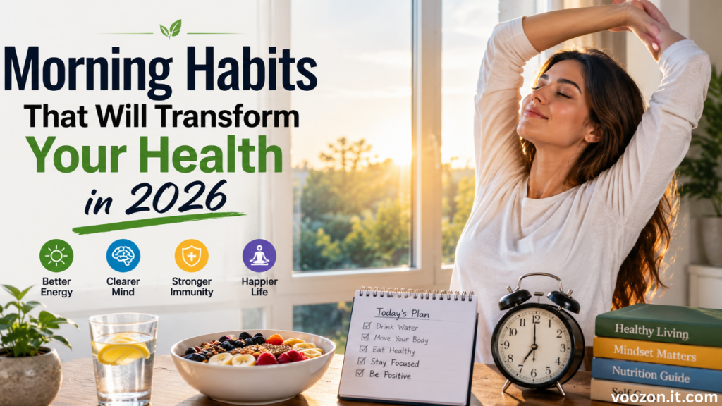 Morning Habits That Will Transform Your Health in 2026 featuring a healthy morning routine with stretching, hydration, nutritious breakfast, and natural sunlight.