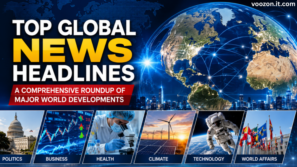 Global News Headlines: A Comprehensive Roundup of Major World Developments Top Global News Headlines featuring world developments, politics, business, technology, climate change, healthcare, and international affairs.