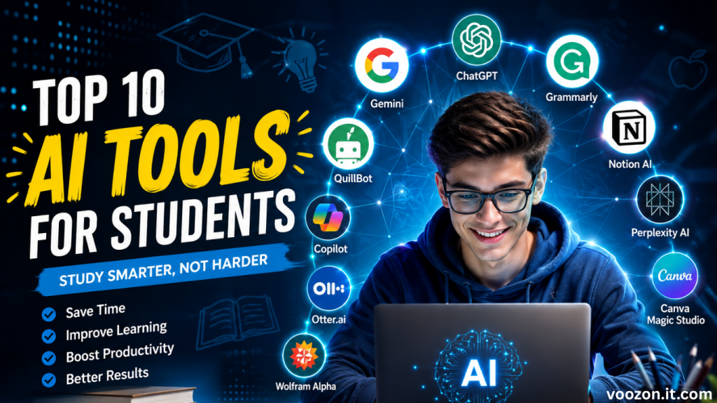 Top AI Tools for Students in 2026: Boost Learning, Writing, and Productivity Student using the best AI tools including ChatGPT, Google Gemini, Grammarly, Canva, Notion AI, and Perplexity AI to improve learning, writing, research, and productivity in 2026.